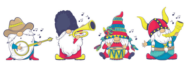 Fototapeta premium The International Gnome Band clipart. Musical Gnomes in National Costumes