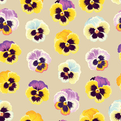 Seamless pattern with pink and yellow pansies - 595823456