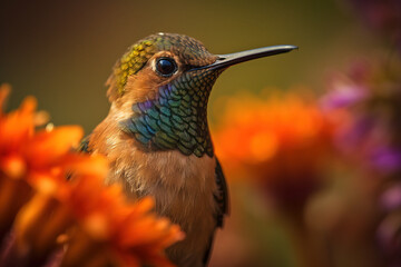 Hummingbird resting with flowers. generative AI 