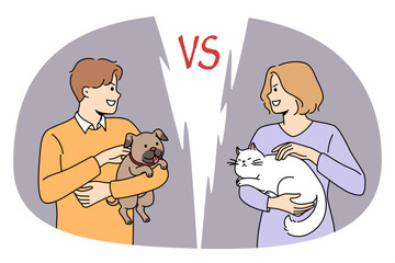 Cat or dog love concept. Young smiling woman with white cat standing opposite positive man holding puppy dog on hands looking at each other vector illustration