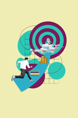 Vertical collage image of mini black white colors guy run climb arrow pointer darts board target pile stack book money coins champion trophy cup