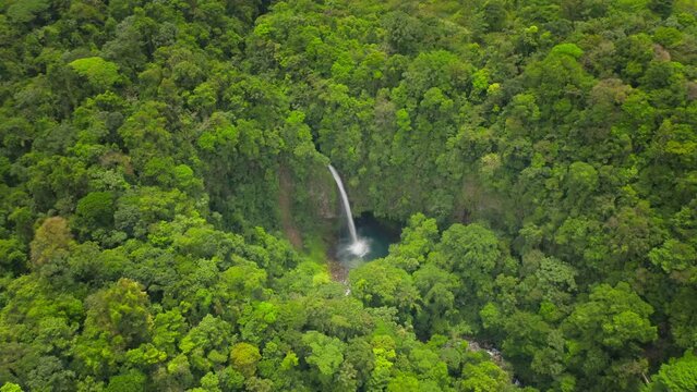 Paradise tropical waterfall hidden in lush green jungle of Costa Rica, Fortuna
