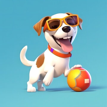 White dog with brown spots wearing sunglasses in front of a background smiling and playing with a red and yellow ball. AI generated. 