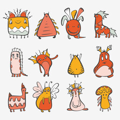 Naklejka premium Funny cute monsters doodle illustration set for posters and postcards. Digital monster images.