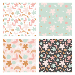Colorful floral minimalistic primitive pattern set. Textile design.