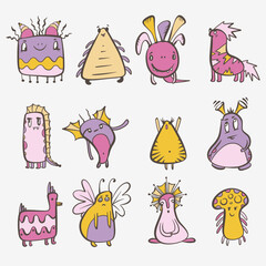 Funny cute monsters doodle illustration set for posters and postcards. Digital monster images.