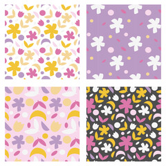 Fototapeta na wymiar Colorful floral minimalistic primitive pattern set. Textile design.