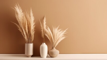 Vase with decorative dry plant branch against beige wall background. Minimalist interior mockup. Generative AI