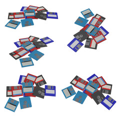 A bunch of dirty floppy disk from different angles