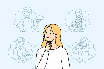 Smiling woman with occupations in speech bubbles think of career option. Happy girl decide choose profession. Vector illustration. 