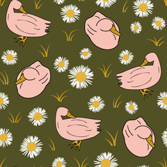 cute pink ducks with white daisy flowers on green background seamless repeat vector pattern illustration - 595825613