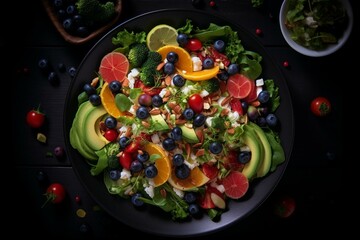 Fototapeta na wymiar Top view of a vegetable salad on a plate. Generative AI