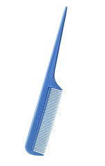Blue fine tooth comb with tail. Long thin handle for separating strands or parting on hair. Hairdressing accessory for haircut. Isolated on transparent background, png - obrazy, fototapety, plakaty