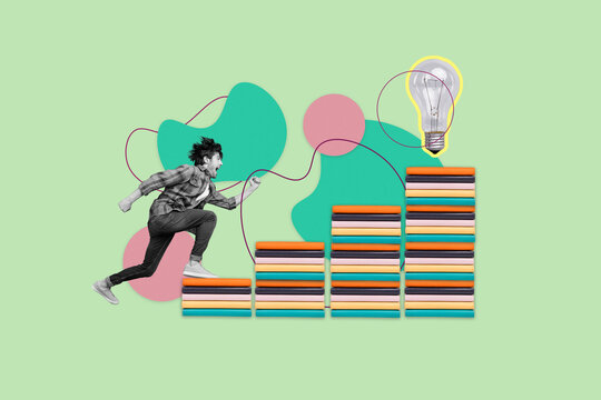 Collage portrait of mini black white effect guy run climb pile stack book huge light bulb isolated on teal background