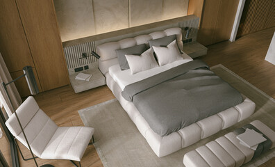 Modern Luxury interior of gray bedroom with double bed, 3D rendering top view	