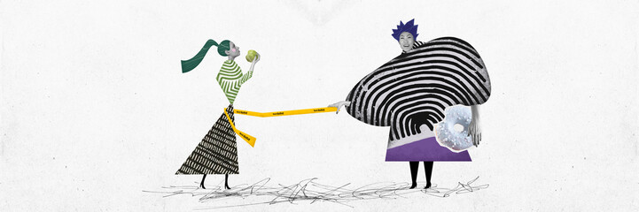 Attracting to unhealthy side. Young fat girl pulling slim girl. Healthy eating against junk food. Contemporary art collage.
