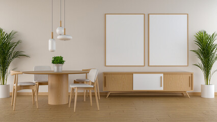 Modern and minimalist Japandi style interior room design decoration with wooden furniture and parquet floor. 2 blank frames on the wall 3d rendering