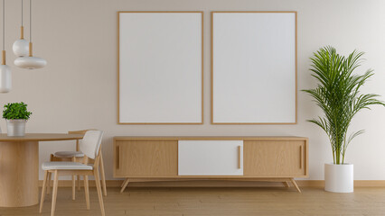 Japandi minimal style interior room and decoration. 3d rendering mockup wooden furniture, wood dining table and chairs, empty photo frame on white concrete wall.