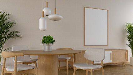 Modern and minimal Japandi style interior room and decoration with wooden dining table and chairs, blank frame on wall. 3d rendering