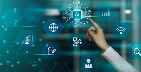 Business people using Ai technology on virtual screen. Digital transformation change management, internet of things. new technology big data