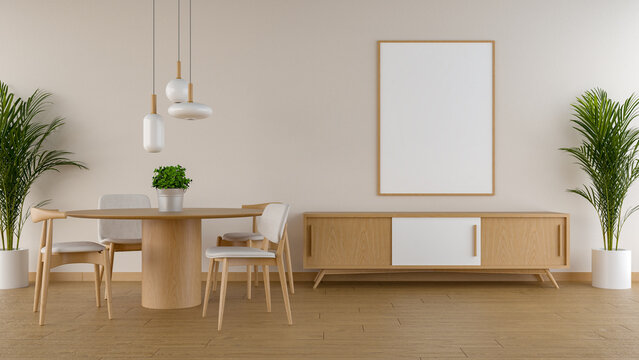 Modern and minimalist Japandi style interior living and dining room design decoration with wooden furniture and parquet floor. 3d rendering
