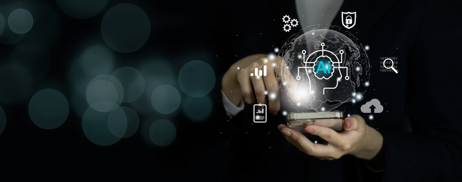 Businesswoman using Ai technology on mobile phone. Digital transformation change management, internet of things. new technology big data.