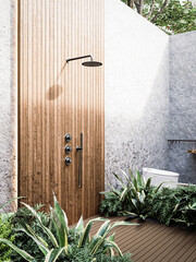bathroom ideas, japanese zen style. roofless bathroom design. 3D rendering vertical image	