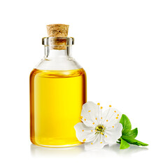 Transparent bottle with flower and yellow essential oil isolated. Transparent PNG image. - obrazy, fototapety, plakaty