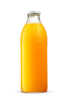 Orange juice glass bottle with twist off screw cap isolated. Transparent PNG image.