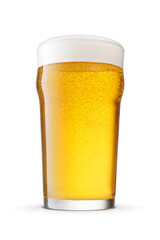 British style imperial pint glass of yellow beer isolated. Transparent PNG image.