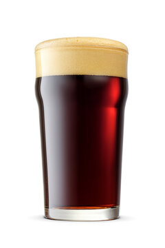 British style imperial pint glass of dark stout beer isolated. Transparent PNG image.