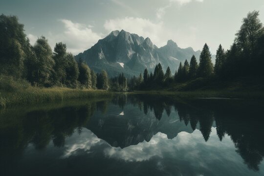 A serene landscape with a mountain peak reflected in a calm lake surrounded by forest and clouds. Generative AI
