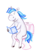 Cute unicorn sits on the toilet and reads a book. Watercolor illustration isolated on white background