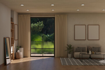 Interior design of a cozy contemporary spacious living room with home decor and balcony