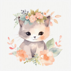 Cute baby cat, pastel colors, flowers, watercolor illustration