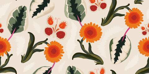 Materiał do szycia Hand drawn floral ethnic style pattern with butterflies. Dynamic abstract fashionable template for design.