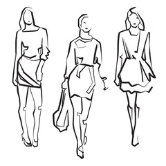 Fashion models. Line Drawing Illustration of Young Woman