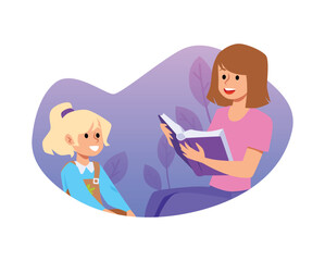 Happy babysitter reads book to little girl, flat vector illustration isolated on white background.