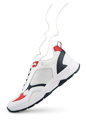 White sneaker with flying laces stands on the tip isolated on transparent background - obrazy, fototapety, plakaty