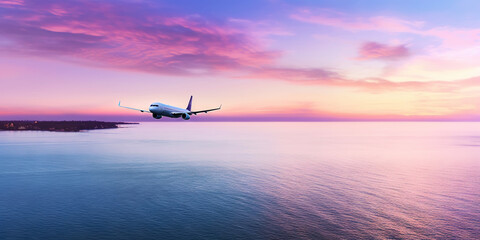 Passengers commercial airplane flying above sea surface on colorful paradise sunset. Airliner in flight. Generative AI