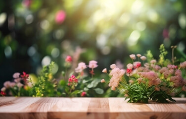 Obraz na płótnie Canvas Wooden Board Table Top with Empty Space and Blurred Flower Garden Background. Product Display Mockup