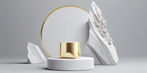 Rock pedestal with frame for cosmetic product presentation.  Background with  white stone and abstract shapes. 3d render 