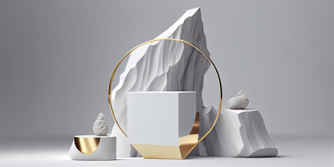 Rock pedestal with frame for cosmetic product presentation.  Background with  white stone and abstract shapes. 3d render 