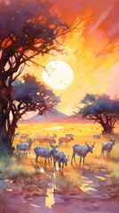 Fototapeta na wymiar Watercolor painting that shows a herd of antelopes walking in front of the sunset across the savannah - ai generative