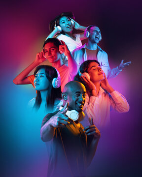 Collage. Young people, men and women of different age and race listening to music in headphones over multicolored background in neon. Concept of human emotions, youth, lifestyle. Flyer for ad, poster