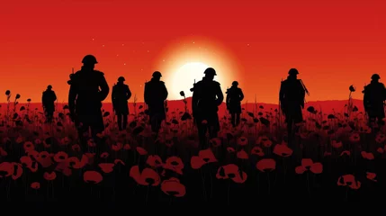 Tuinposter Remembrance Day. Silhouettes of soldiers at poppy field created with generative AI technology © Neuroshock