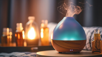 Aroma oil diffuser lamp on a blurred background, generative AI.