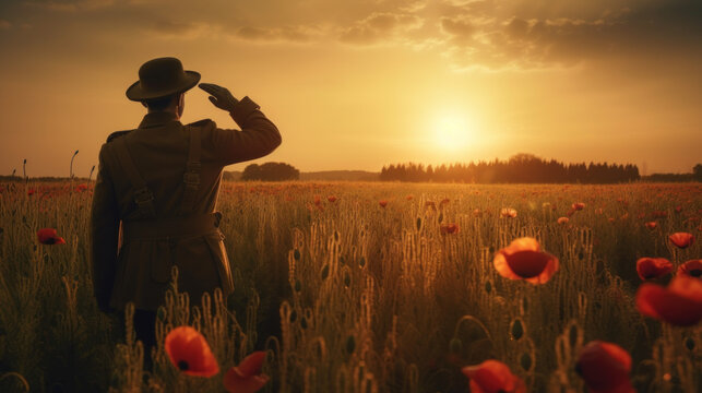 Soldier salutes standing in poppy field during sunset. Remembrance Day created with generative AI technology