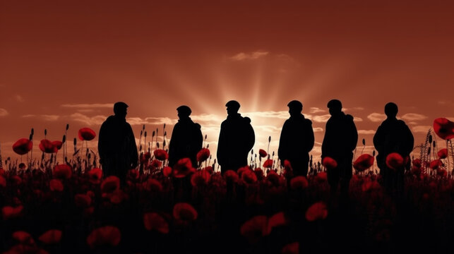 Remembrance Day. Silhouettes of soldiers at poppy field created with generative AI technology