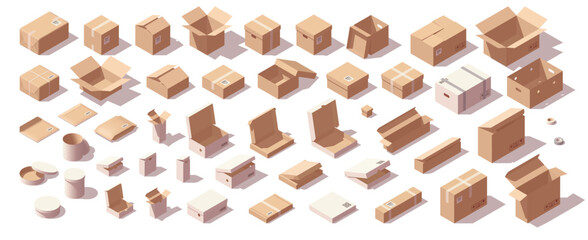 Big isometric carton box set. Different types of cardboard boxes. Box for goods, delivery and gifts. Vector illustration